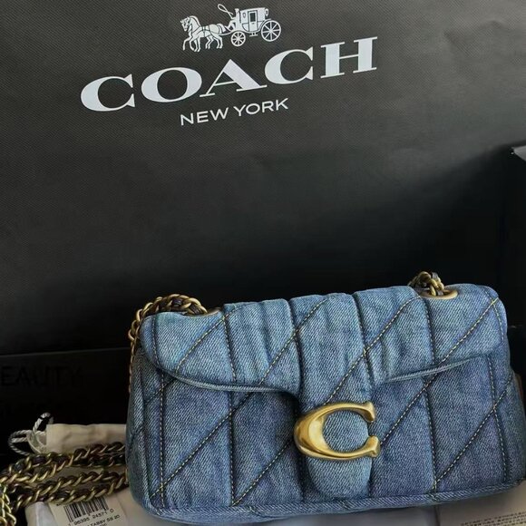 COACH Tabby Quilted Gold Logo Chain Denim Shoulder Bag - Picture 4 of 5